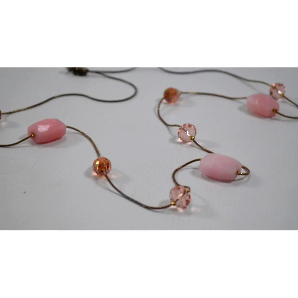 Vtg Gold Tone Snake Chain Necklace w/ Pink Faceted Quartz & Glass Pink Beads 39